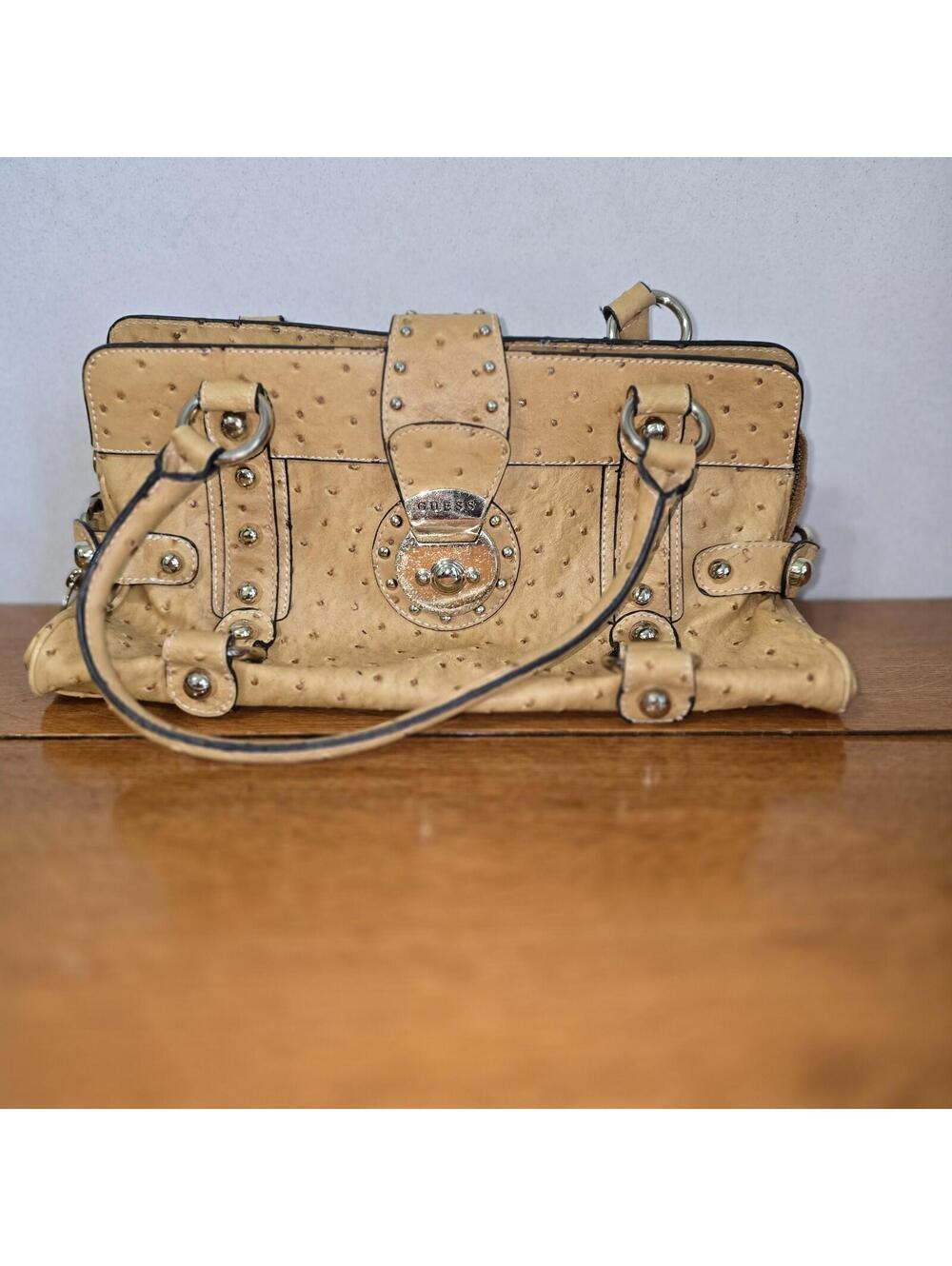 Vintage GUESS Y2K Ostrich Leather Handbag – Tan/Camel Excellent